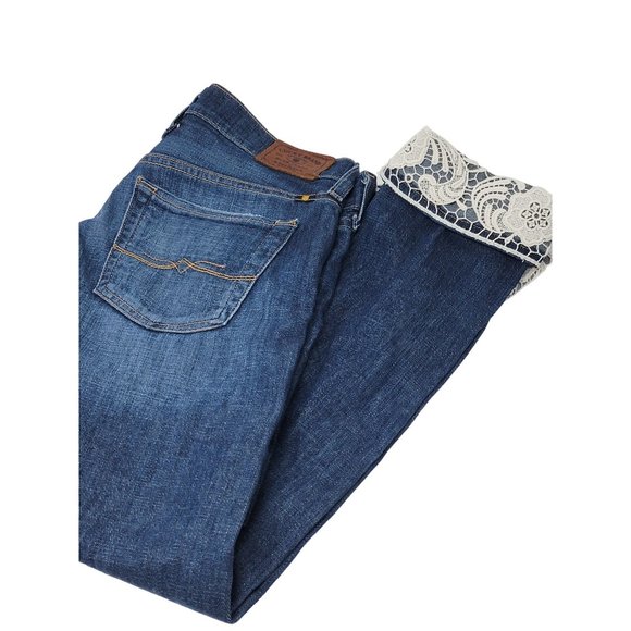Lucky Brand Sienna Tomboy Crop Jeans Size 00/24 Lace Embellished Legs Pockets - Picture 1 of 9